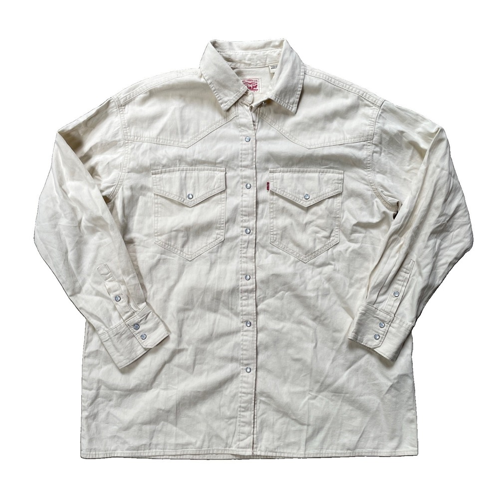 Levi's Stratus Company Men's M Western Pearl Snap Shirt Off White 100% Cotton